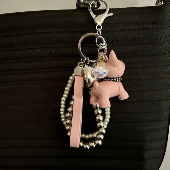 Pink Frenchy Dog Keychain with Pearl and Silver Beads - Picture 5 of 7